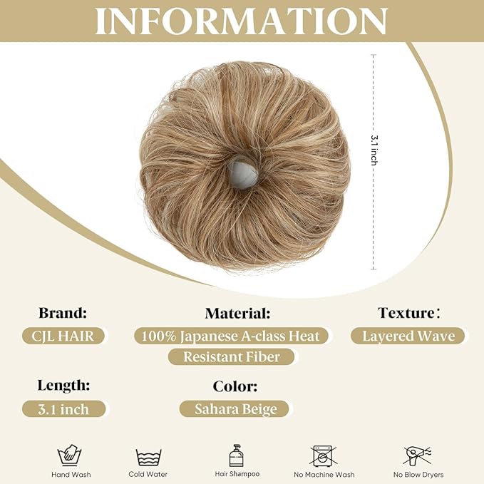 CJL HAIR 2PCs Small Cute Messy Bun Hair Piece for Thin Hair Women Mini Synthetic Curly Bun Scrunchies Updo Hairpieces Sahara Beige