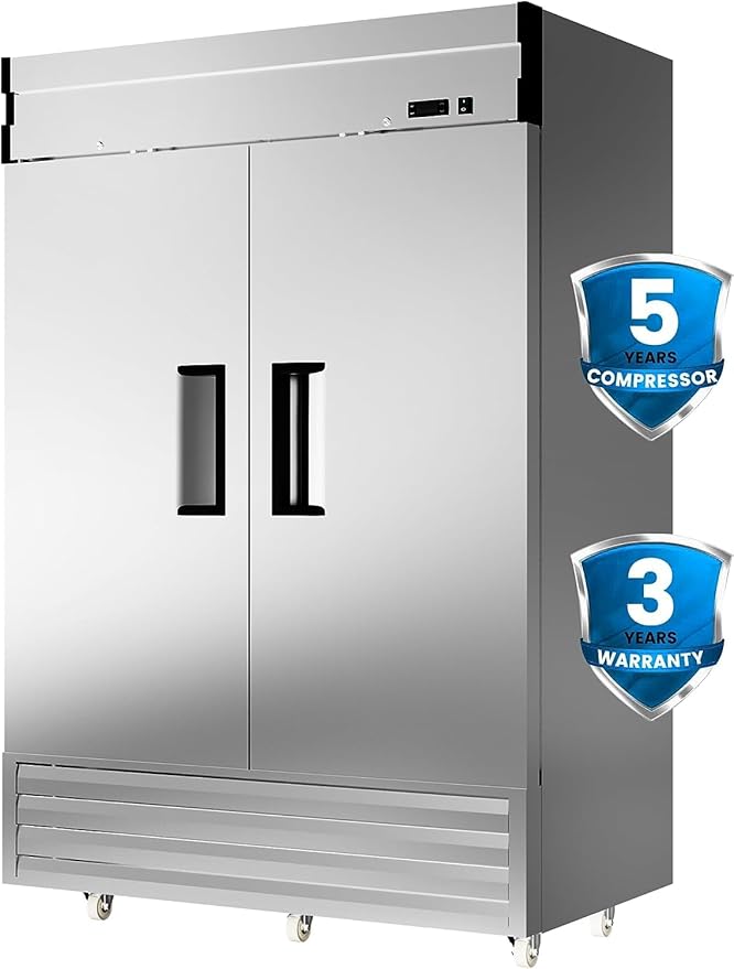 54" Upright Commercial Freezer with 2 Solid Door, -10℉ ~ 10℉, 49 Cu.Ft Reach-in Freezer, Fan Cooling Stainless Steel Freezer with 3 Wheels for Restaurant Bar Garage, ETL and DOE Approved
