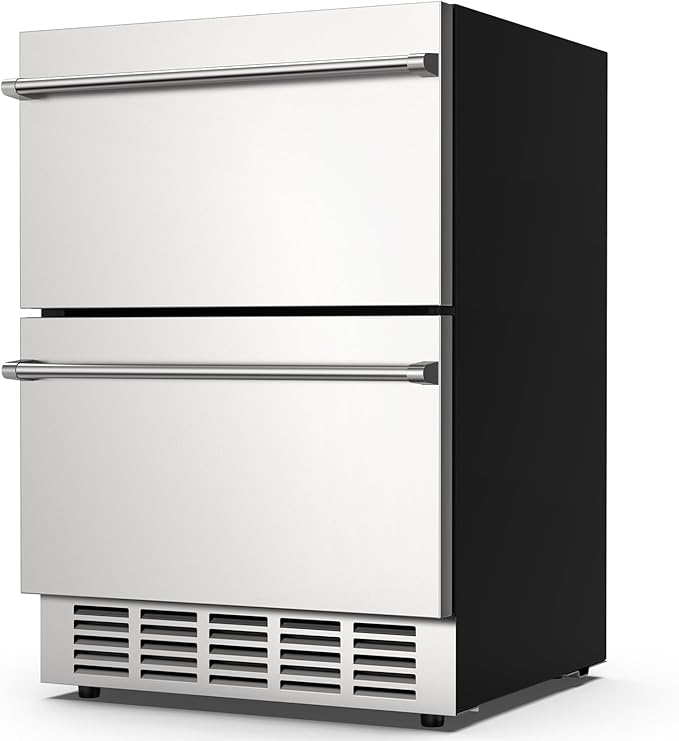 24 Inch Under Counter Double Drawer Fridge,Two Drawer Refrigerator Indoor Beverage Refrigerator, Stainless Steel Beverage Fridge for Home & Commercial Use (Foam Door)