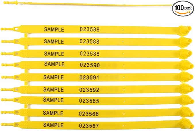 100 Plastic Security Trailer Seals - Tamper-Evident Numbered Tags for Trucks and Containers (Yellow)