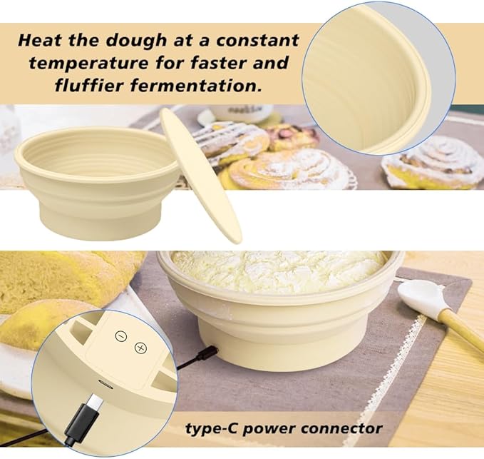 Electric Sourdough Proofing Basket, 9.45 Inch Foldable Silicone Dough Proofer with Adjustable Warming for Bannetons Bread Baking - Food Grade, Fast Rising Even in Cold Kitchen