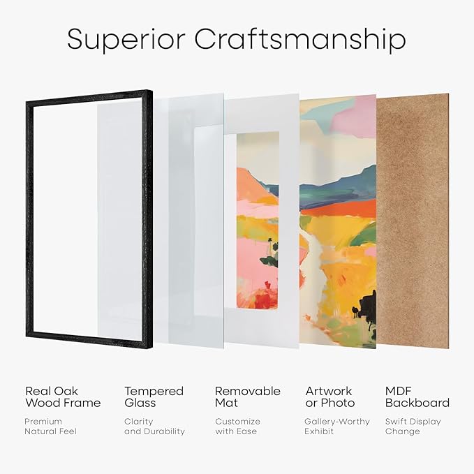 Homeforia 16x24 Black Wood Frame, High End Oak 16x24 Picture Frames with Mat 12x18 Photo, 16 x 24 Wooden Poster Frame Matted to 12 by 18 Print, 24x16 Hanging Frames, Tempered Glass, Wall Kit, Set of 1