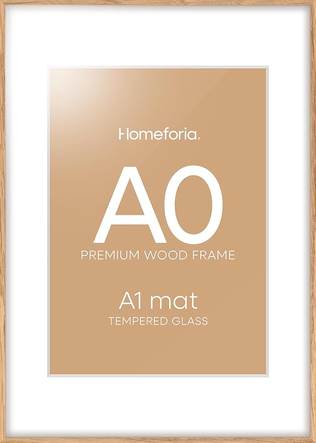 Homeforia A0 Poster Frame Natural Wood, High End Oak 33.1 x 46.8 Large Wooden Picture Frames Matted to 23.4 by 33.1 for Photo, A0 Size Light Wood Frames with Mat A1, Tempered Glass, Wall Kit, Set of 1