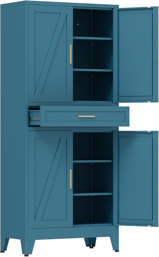 COFaR 71'' Tall Metal Pantry Cabinet with Drawer, Kitchen Storage Cabinet with 4 Doors and Shelves, Freestanding Farmhouse Food Cupboard for Kitchen Dinning Room Garage, Peacock Blue 6-Tier