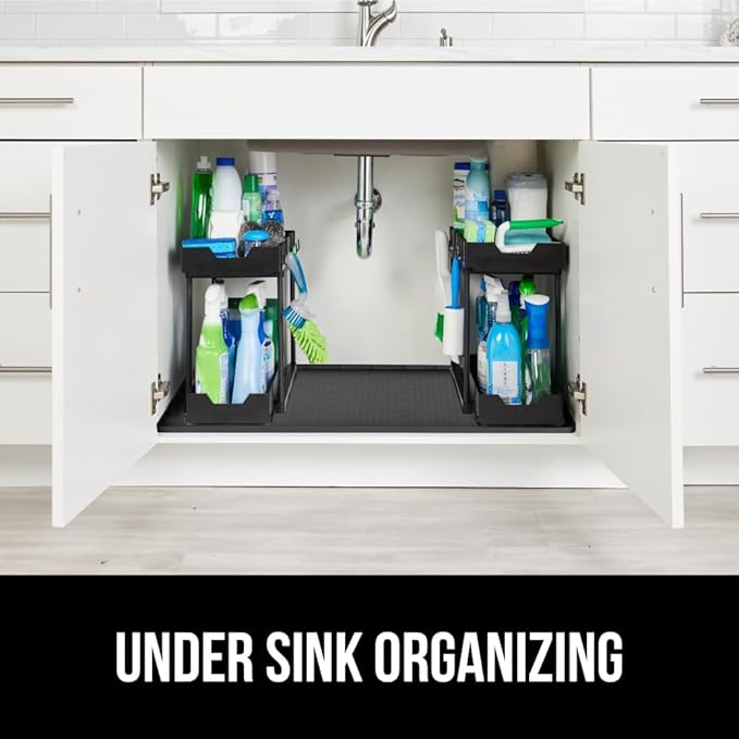 GORILLA GRIP Waterproof Silicone Under Sink Mat with Raised Lip for Kitchen and Bathroom, Cabinet Shelf Liner Stay in Place Mats Dishwasher Safe Drawer Liner, Organizer Tray, 15 x 22 in, Black