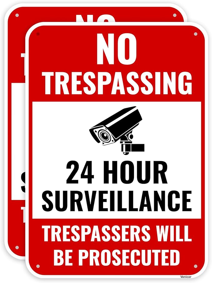 2PC 24 Hour Surveillance Sign, 14 x 10 Inches - Aluminum - Private Property No Trespassing - Security Camera Metal Warning Sign