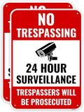 2PC 24 Hour Surveillance Sign, 14 x 10 Inches - Aluminum - Private Property No Trespassing - Security Camera Metal Warning Sign