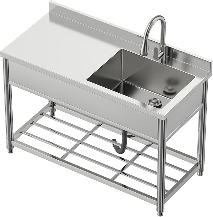 Commercial Sink with Drainboard Stainless Steel Utility Sink with Pull-out Faucet Free Standing Single Bowl Kitchen Sink with Workbench for Restaurant Garage Outoor, 21.7"D x 47.2"W x 37"H, Right Bowl