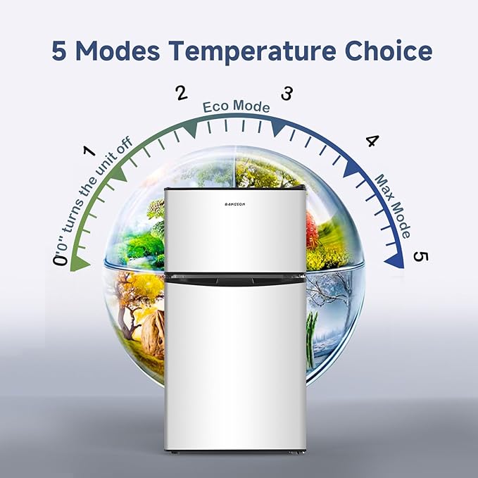 BANGSON Mini Fridge with Freezer, 3.2 Cu.Ft Small Refrigerator, 5 Settings Temperature Adjustable, Low Noise Refrigerator, 2 Door Small Fridge for Apartment, Home, Office and Dorm, Silver