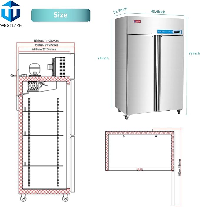WESTLAKE 48" W Commercial Refrigerator 2 door 2 Section Stainless Steel Reach in Solid door Upright Fan Cooling 36 Cu.ft Cooler for Restuarant, Bar, Shop, etc
