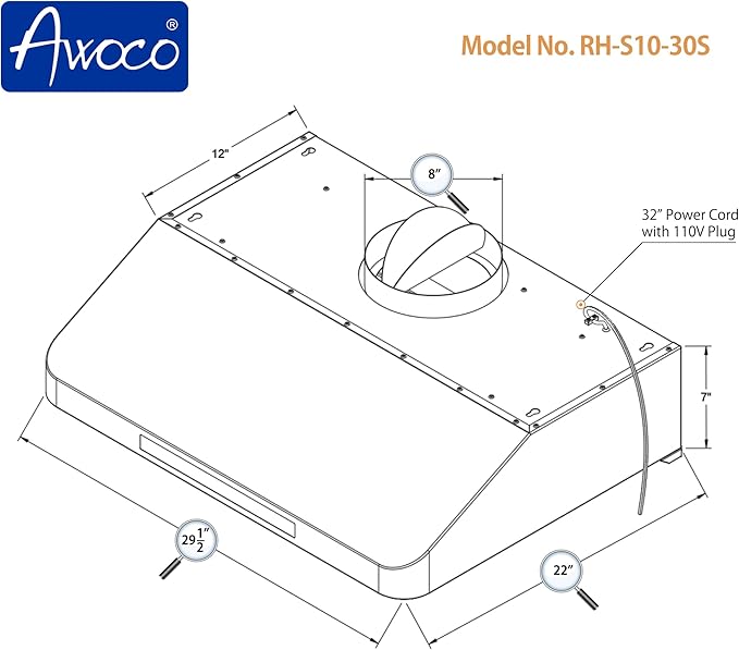Awoco 30” Supreme 7” High Stainless Steel Under Cabinet Range Hood 4 Speeds, 8” Round Top Vent, 1000CFM 2 LED Lights, Remote Control & External Oil Collector (RH-S10-30S)