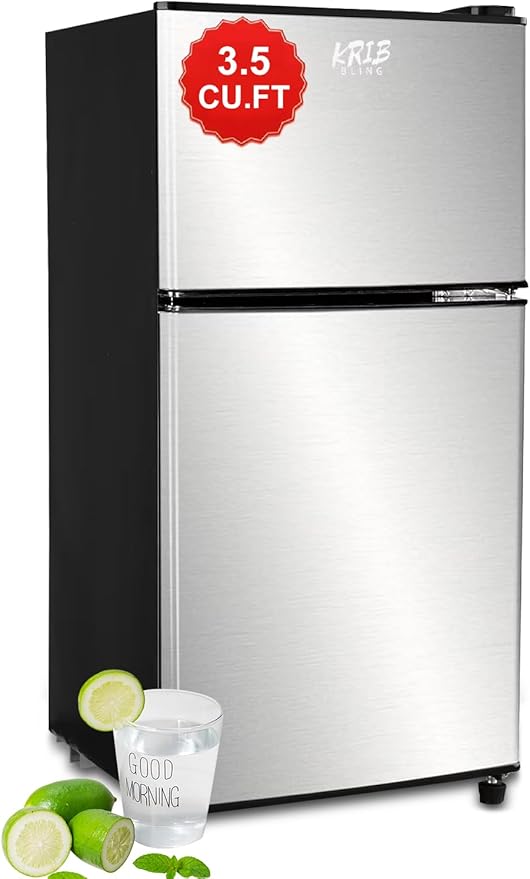Mini Fridge, 3.5 Cu.Ft Compact Refrigerator Small Refrigerator 7 Level Adjustable Thermostat Removable Shelves with Stainless Steel 2 door for Office Dorm Apartment Silver