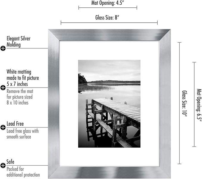 Americanflat 8x10 Picture Frame with Polished Crystal-Clear Glass - Use as 5x7 Frame with Mat or Display 8x10 Photo Without Mat - Signature Collection - Picture Frames for Tabletop and Wall - Silver