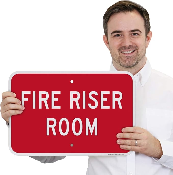 SmartSign 12 x 18 inch “Fire Riser Room” Metal Sign with Pre-Cleared Holes, Screen Printed, 63 mil Laminated Rustproof Aluminum, Red and White