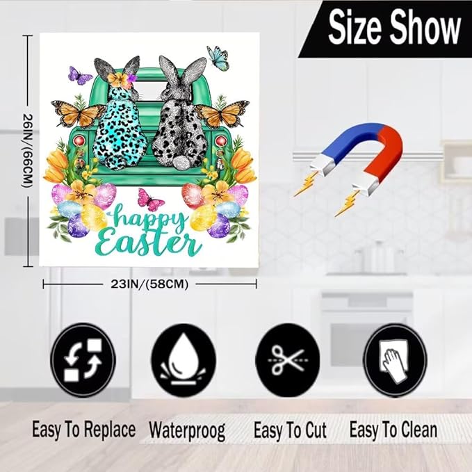 Happy Easter White Magnetic Dishwasher Cover Vinyl Sticker, Farm Bunnies Floral Dishwasher Magnet Cover, Easter Eggs Fridge Barn Door Cover Magnets Art Skin Panel Decal for Home Decor, 23"X26"