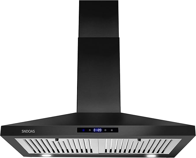 SNDOAS Black Range Hood 30 Inch,Stainless Steel Wall Mounted Kitchen Hood with Touch Controls, Ducted/Ductless Convertible,Chimney-Style Stove Hood Vent for Kitchen,Baffle Filters,Black Painted Finish