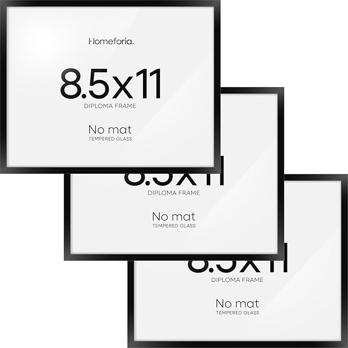 Homeforia Black Diploma Frame 8.5 x 11, High End Metal 8.5x11 Certificate Frames, 11x8.5 inch Document Frame for Wall or Tabletop, 8.5 by 11 Award Letter Size Frame, Tempered Glass, Wall Kit, Set of 3