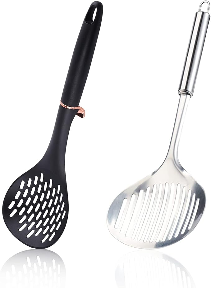 TENTA Kitchen 2pcs Pasta Spoon Kitchen Spoons Spider Strainer Metal Strainer Wok Utensils Spider Skimmer Stainless Steel & Nylon Slottes Spoon, Spatula For Nonstick Pot and Stainless Steel/Iron Wok