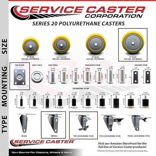 Service Caster Brand Replacement Caster for Uline Caster H-5540S-Swivel Top Plate Caster with 5 Inch Yellow Polyurethane Wheel-Light Duty Replacement Caster-Fit Cart, Dollies and Poly Box Truck H-3840