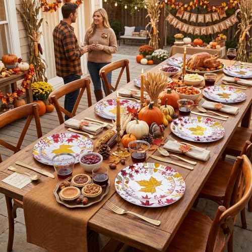 KIRE 150PCS Thanksgiving Plates Dinnerware Maple Leaves - Plastic Thanksgiving Plates with Gold Silverware Include 25Dinner 25Salad 25Forks 25Knives 25Spoons 25Gold Cups