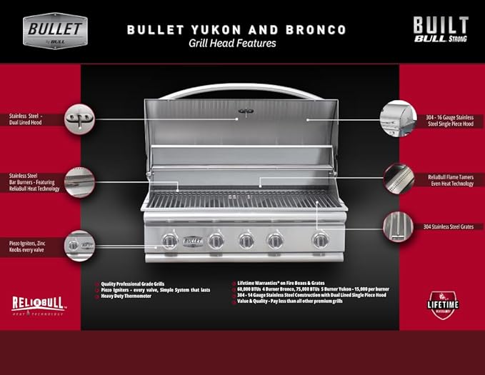 Bullet by Bull Stainless Steel Outdoor Kitchen Grill Set - Built-In Liquid Propane Grill -BBQ Kitchen Island Bundle - Includes 5 Burner Grill, Side Burner, Double Access Door & Double Storage Drawer