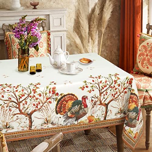 Fall Thanksgiving Double Border Decoration Tablecloth,Turkey & Pumpkin Harvest Tablecloths, Waterproof Table Cover for Dinner Kitchen Party Holiday Decorations, 60"x 120" Oblong/Rectangle