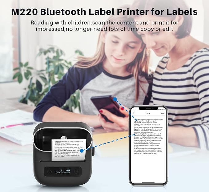 Phomemo M220 Bluetooth Label Maker - 3.14" Portable Thermal Printer with 3 Label, 2200mAh Battery, iOS/Android Compatible, for Small Business Home Office Organization & Barcodes