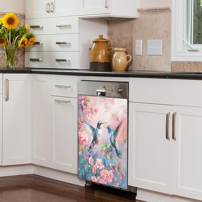 Hummingbird Pinks Flower Dishwasher Magnet Cover, Reusable Refrigerator Panel Stickers Microwave Front Door Covers Magnets for Kitchen Home Appliances Holiday Party Decorations 23 X 26 in