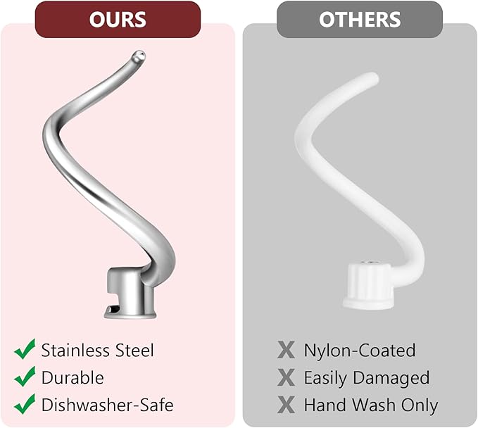 Dough Hook Replacement for KitchenAid 7QT Bowl-Lift Stand Mixers, Spiral and Stainless Steel Hook for Kitchen aid Attachment Accessories