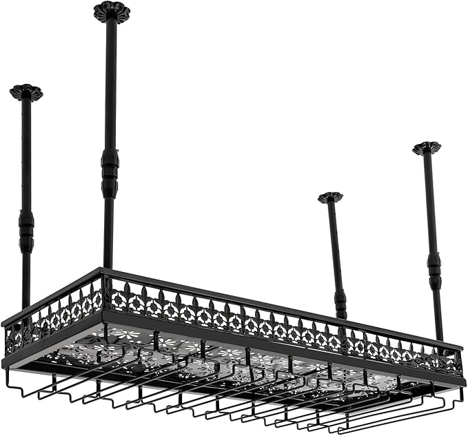 35inch Ceiling Wine Glass Rack, Adjustable Height Hanging Wine Goblet Holder, 2 in 1 Industrial Hanging Bottle Racks Black Metal Ceiling Stemware Shelves for Bar Cafe Kitchen