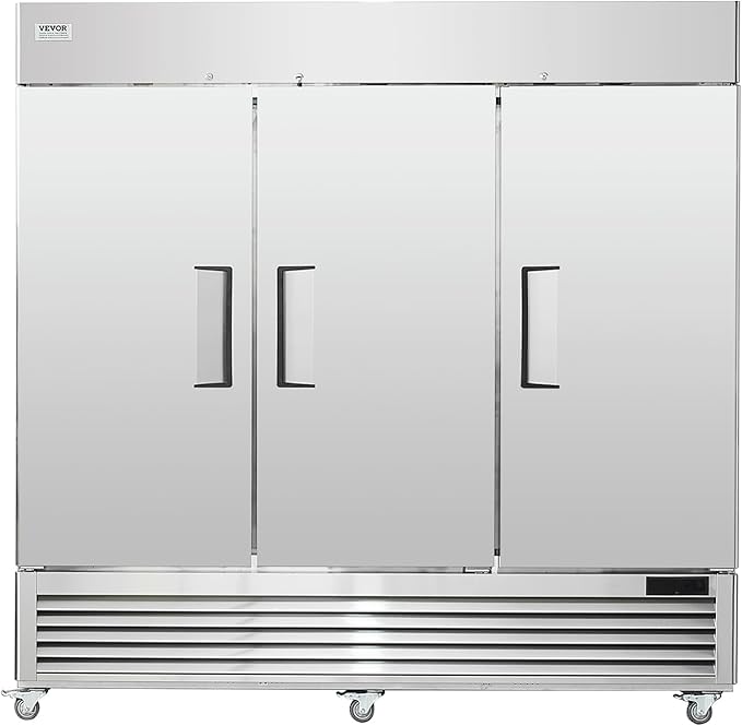 VEVOR Commercial Refrigerator 60.42 Cu.ft, Reach In 82.5" W Upright Refrigerator 3 Doors, Auto-Defrost Stainless Steel Reach-in Refrigerator & 12 Shelves, 33 to 41℉ Temp Control, LED Light, 4 Wheels
