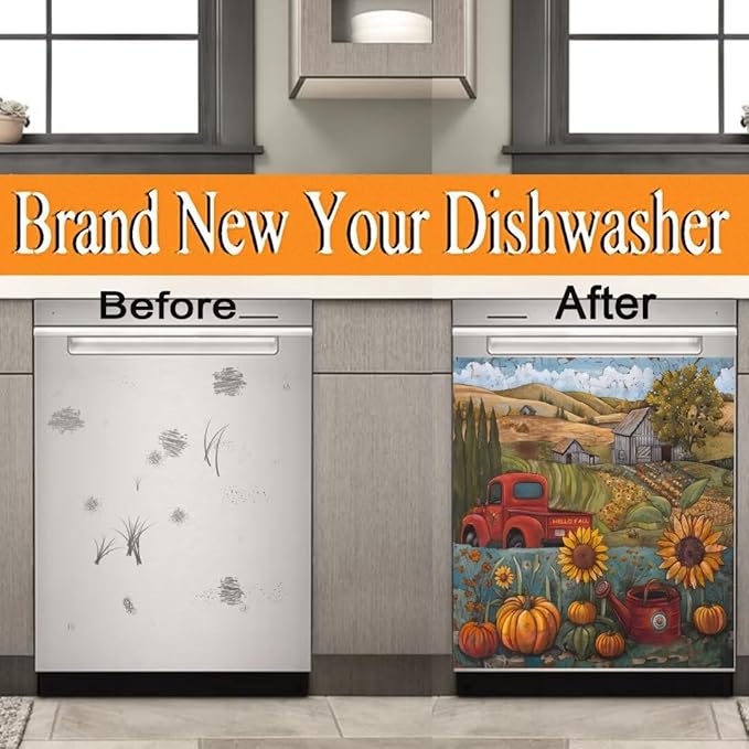 Farm Sunflower Pumpkin Dishwasher Magnet Cover,23" x 26" Dishwasher Cover,Retro Countryside Autumn Landscape Magnetic Decal Vinyl Sticker Kitchen Decor Refrigerator Magnets Self Adhesive Wrap