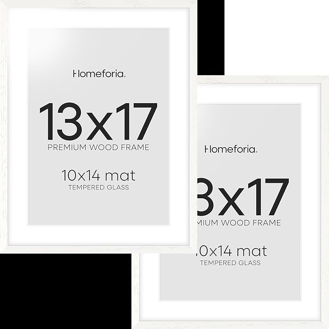 Homeforia 13x17 White Picture Frame, High End Oak 13x17 White Wooden Poster Frames with Mat 10x14 for Print, 13 x 17 Wood Frame Matted to 10 x 14 Photo, 17x13 Frame, Tempered Glass, Wall Kit, Set of 2