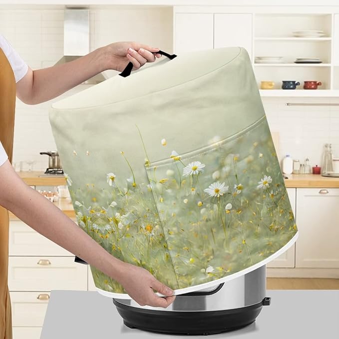 Insulated Pressure Cooker Appliance Cover, Also Fit for Rice Cooker, Air Fryer and Crock Pot, 8 Quart Dust Cover with Pocket for Kitchenware and Recipes, Washable, Daisy Floral Green