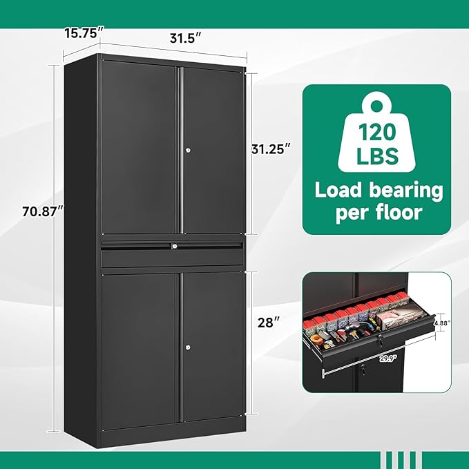 Letaya Metal Garage Storage Cabinet with Drawer,4 Door Tool Cabinet with Lock-2 Adjustable Shelves for Garage Home Office Utility Room (Black)