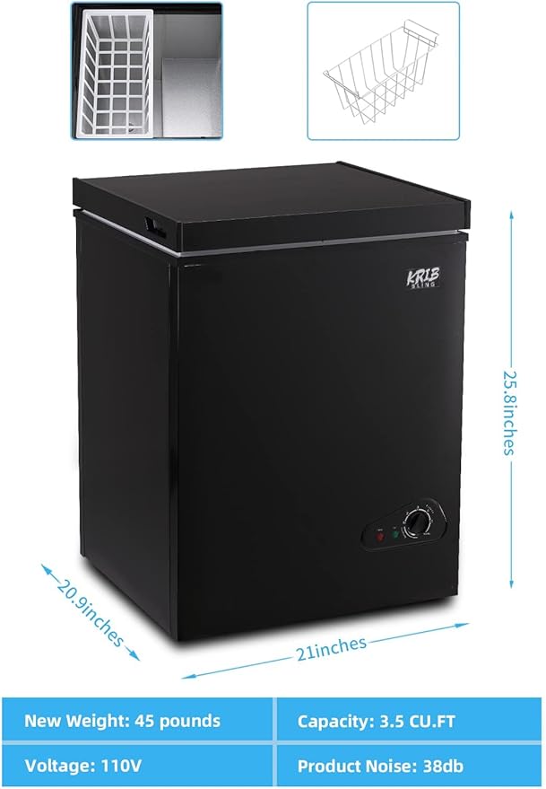 Chest Freezer 3.5 Cu.Ft Mini 7 Gears Temperature Control Compact Deep Freezer with Top Open Door and Removable Storage Basket Black