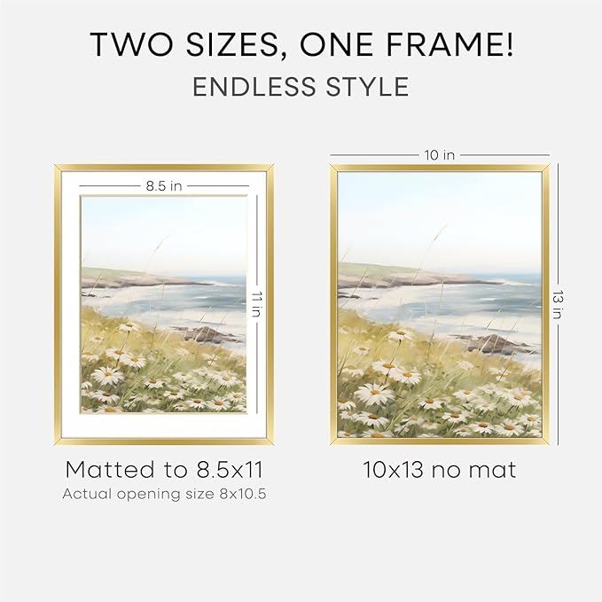Homeforia 10x13 Picture Frame Gold, High End Metal 10x13 Poster Frames with Mat for 8.5x11, 10 x 13 Gold Frames Matted to 8.5 x 11 inch Photo, 10by13 Hanging Frames, Tempered Glass, Wall Kit, Set of 2