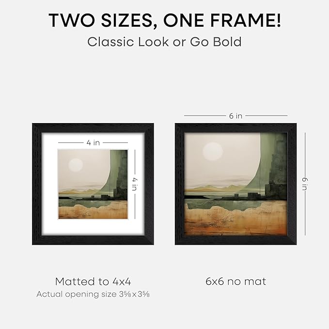 Homeforia 6x6 Picture Frame Black Wood, High-End Oak 6 x 6 Square Frames with Mat 4 by 4 inch Photo, 6x6 Wooden Frame Matted to 4x4 Art, 6by6 Wall or Tabletop Frame, Tempered Glass, Wall Kit, Set of 1