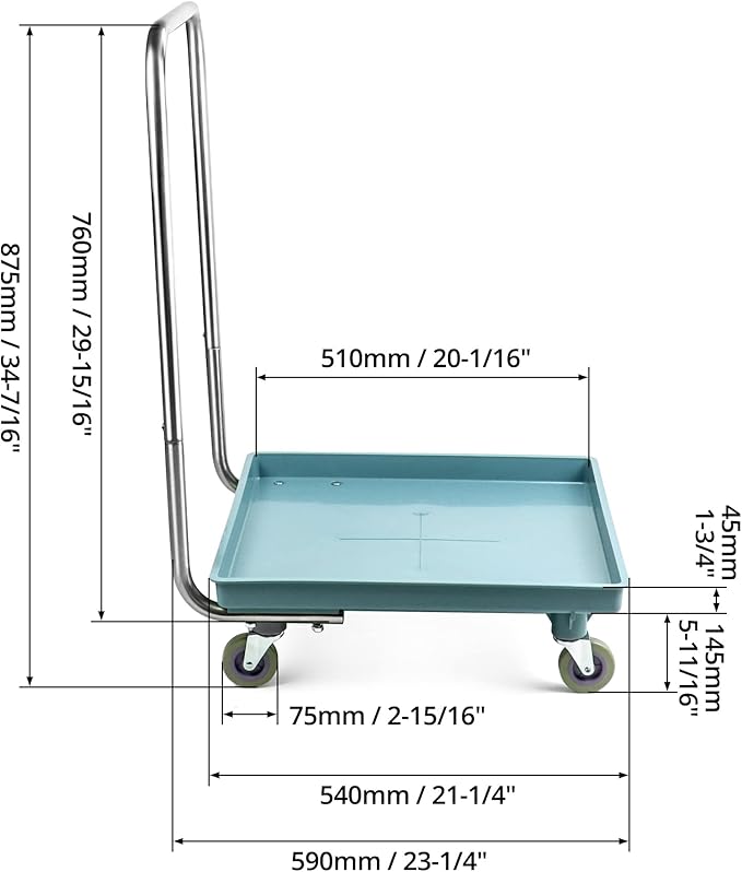 QWORK Warewashing Rack Dolly, 21.26" x 21.26" x 34.65", 200 Lbs Load Capacity, with Detachable Handle and 4 Swivel Casters, 1 Pack
