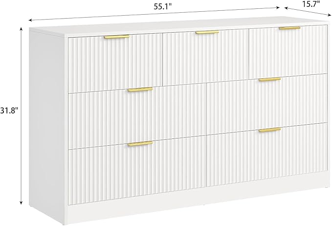 7 Drawers Dresser for Bedroom,55" Wide Fluted Dresser with Deep Drawers, Modern Chest of Drawers, Wood TV Stand Storage Organizer for Closet, Living Room, Hallway, White