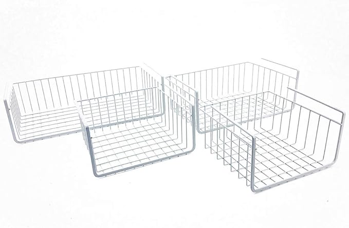 Modern Home Under Shelf Wire Storage Baskets – Hanging Organizer Rack for Cabinet, Pantry, or Closet – White Metal Basket for Kitchen, Towels, or Office – No Tools Required (Set of 4)