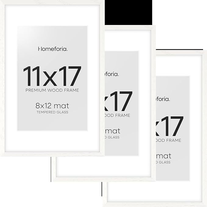 Homeforia 11x17 White Wood Frame, High End Oak 17 x 11 White Wooden Picture Frames with Mat 8 by 12, 11x17 Poster Frame Matted to 8x12 inch Photo, 17x11 Thin Frames, Tempered Glass, Wall Kit, Set of 3