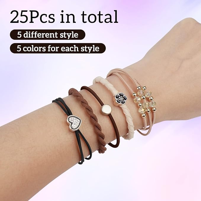 YONOY 25 Pcs Boho Hair Ties for Women, 5 Styles Cute Hair Tie Bracelets for Thin & Thick Hair/Pony Tails, No Damage Elastics