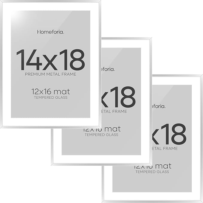 Homeforia 14x18 Picture Frame Silver, High End Metal 14x18 Frames with Mat 12x16 for Photo, 14 x 18 Silver Poster Frame Matted to 12 x 16 Print, 18x14 Hanging Frame, Tempered Glass, Wall Kit, Set of 3