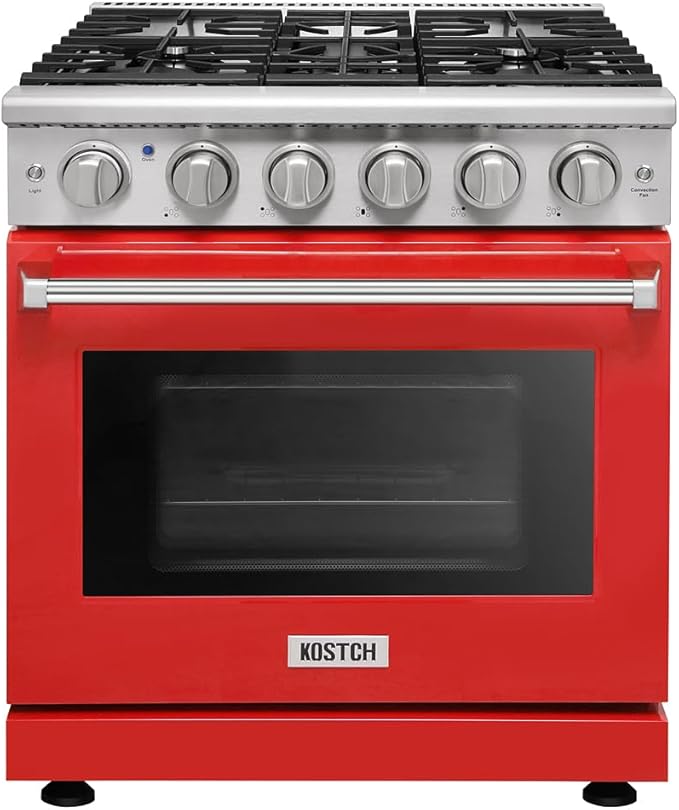 KOSTCH 30 inch Professional Freestanding Pro-Style Natural Gas Range or Liquid Propane Gas Range with 5 Burners, 4.55 cu.ft. Oven Capacity, in Stainless Steel - KOS-30RG03M (Red)
