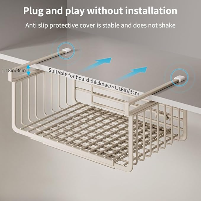 Extendable Under Shelf Storage Basket, Hanging Baskets Under Cabinet Shelf Organizer, for Cabinet Pantry Kitchen Cupboard Desk Counter Bookshelf Space Saver Heavy Duty Slide-in (off - white, 2 Pack)