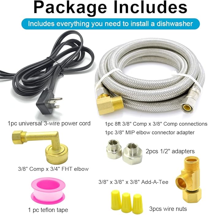 Universal Dishwasher Installation Kit,8 Ft Stainless Steel Dishwasher Hose,Burst Proof Water Supply Line with 3/8" Compression Connections