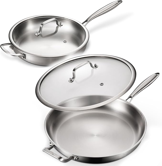 DELARLO 2-Piece Stainless Steel Pan 12-inch & 14-Inch, Frying Pan with Lid, Heavy Duty, Compatible with Induction, Electric up to 650℉, Fast & Even Heating, Durable, Dishwasher, Oven Safe Skillet