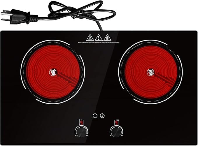 2400W Electric Cooktop: 24" Electric Stove 2 Burner Hot Plate Double Burner Cooktop, GTKZW Knob Control Countertop & Built-in, 9 Power Levels, Child Lock, Timer, Suitable for all Pans
