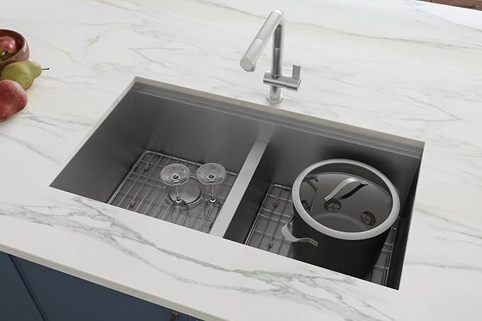 Ruvati 33-inch Workstation Ledge 50/50 Double Bowl Undermount kitchen sink with Brushed Finish - 16 Gauge Stainless Steel Kitchen Sink - Workstation Kitchen Sink - RVH8350